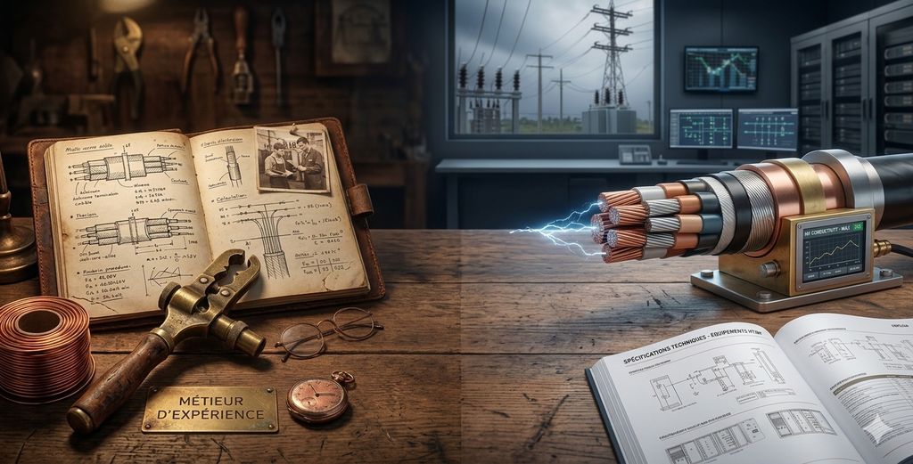 Câbles de cuivre haute tension en cours d'assemblage dans un atelier industriel